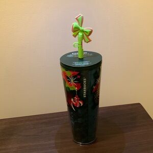 Christmas Themed Starbucks Cup w/Silicone Bow Straw Cover and Pink Straw